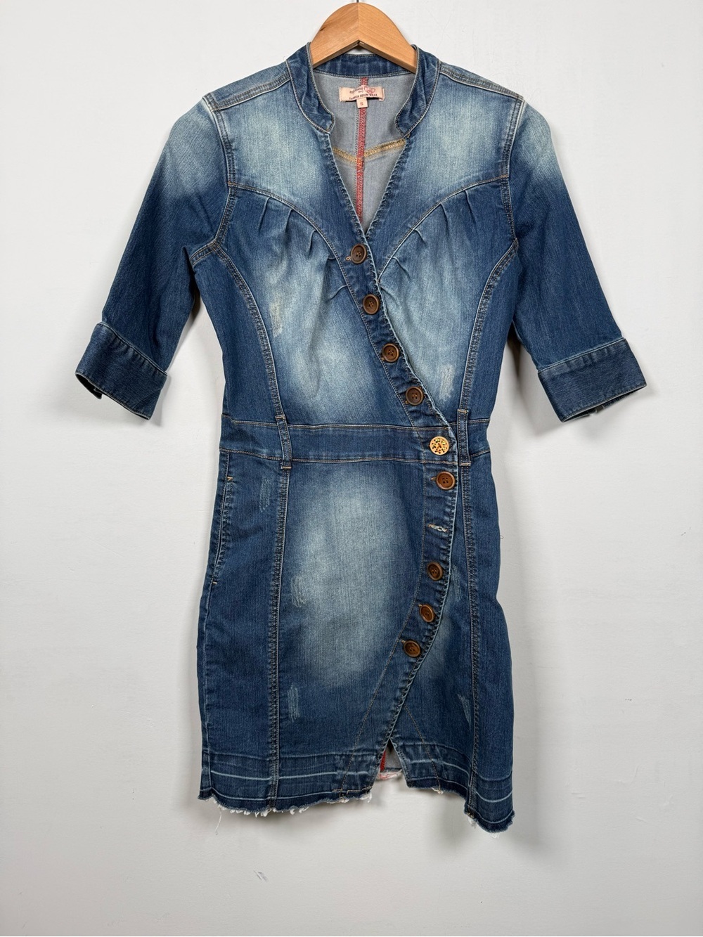 Stretch Denim Mini Dress with Asymmetric Button Front, Size S, Y2K